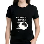 YIDUO Stylish Women's Cotton Short Sleeve T-Shirt with Bold Moon & Spacecraft Design - " STARTAFIL & POKS " Graphic Tee