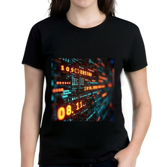 Stylish Women's Cotton Short Sleeve T-Shirt with Futuristic Data Visualization Pattern in Vibrant Orange and Blue