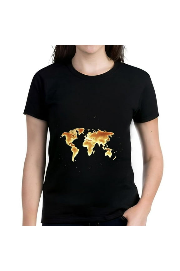 Stylish Women's Cotton Short Sleeve T-Shirt with Golden - Yellow World Map Design - Elegant Global Theme