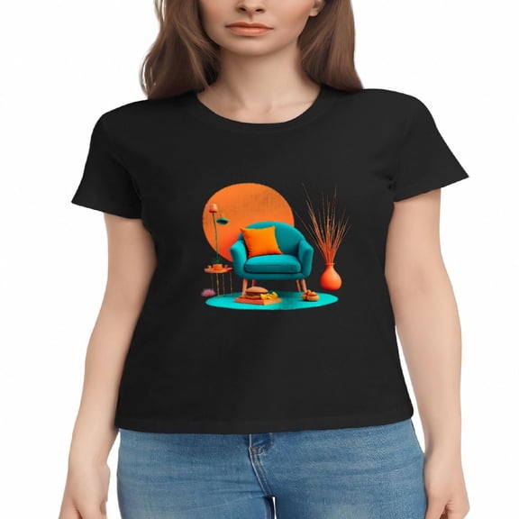 Stylish Women's Cotton Short Sleeve T-Shirt with Modern Interior Scene: Vibrant Turquoise Chair Orange Accents & Chic Decor