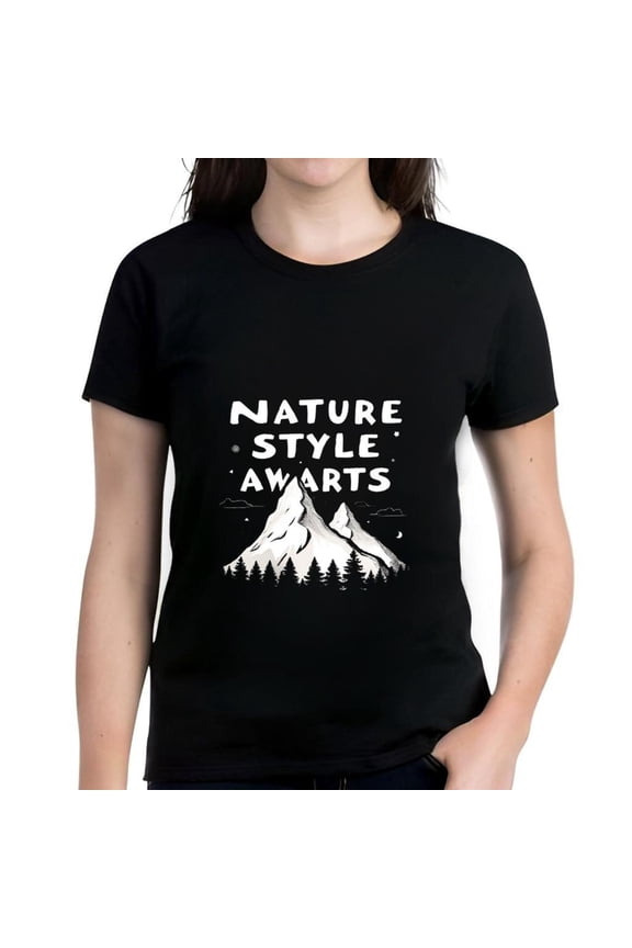 Stylish Women's Cotton Short Sleeve T-Shirt with Mountain Range Pine Trees Clouds Nature Style Awards Graphic Tee