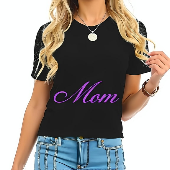 Stylish Women's Cotton Short Sleeve T-Shirt with Purple Cursive 'Mom' Design - Casual and Comfortable Tee for Everyday Wear