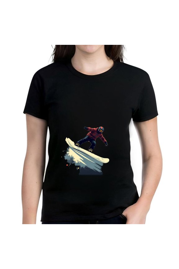 Stylish Women's Cotton Short Sleeve T-Shirt with Retro Snowboarder Graphic Design Bold Lines & Minimalist Details