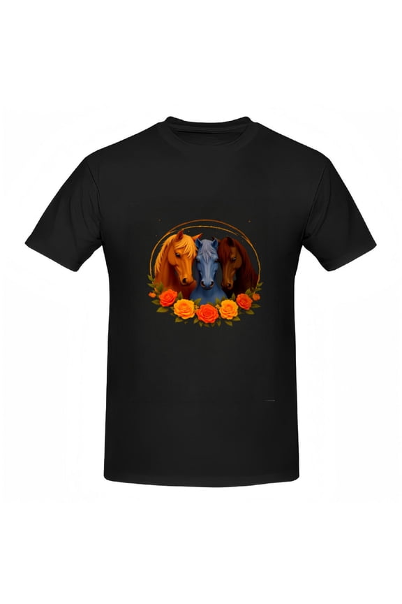 Stylish Women's Cotton Short Sleeve T-Shirt with Triangular Horse Illustration Surrounded by Vibrant Roses - Unique Tee Top