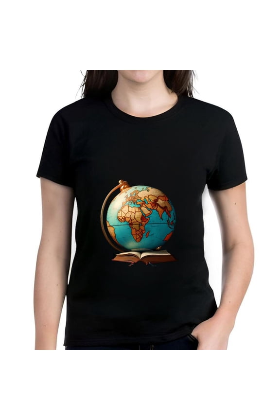 Stylish Women's Cotton Short Sleeve T-Shirt with Unique Globe and Book Pattern Design - Perfect for Travel Lovers