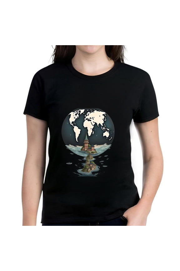 Stylish Women's Cotton Short Sleeve T-Shirt with Unique World Map Reflection Design Serene Isl Boat Pattern Perfect for Casual Wear