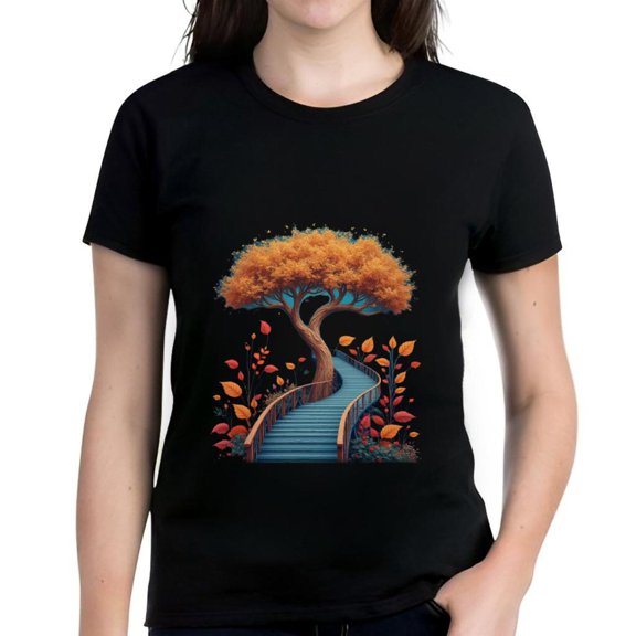 Stylish Women's Cotton Short Sleeve T-Shirt with Vibrant Autumn Tree and Colorful Pattern - Perfect for Fall Fashion