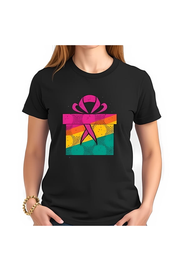 Stylish Women's Cotton Short Sleeve T-Shirt with Vibrant Multicolored Snakeskin Gift Box Graphic and Pink Ribbon