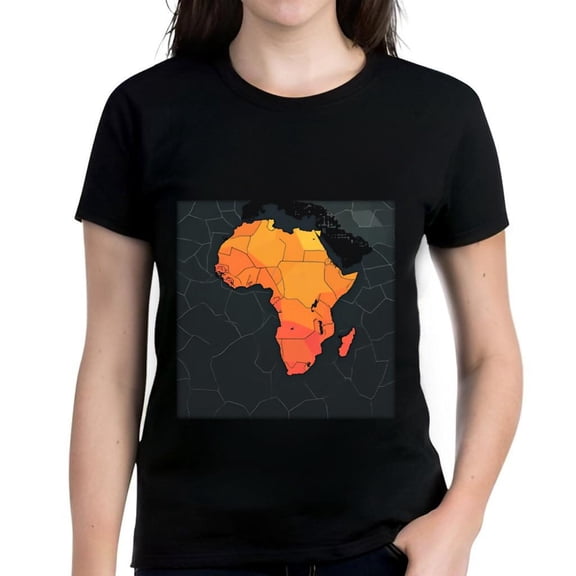 Stylish Women's Cotton Short Sleeve T-Shirt with Vibrant Orange & Yellow Africa Map Design on Dark Pattern Background