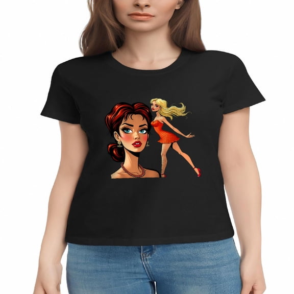 Stylish Women's Cotton Short Sleeve T-Shirts - Fun Cartoon Design with Confident Redhead & Dancing Blonde - Perfect for Casual Wear