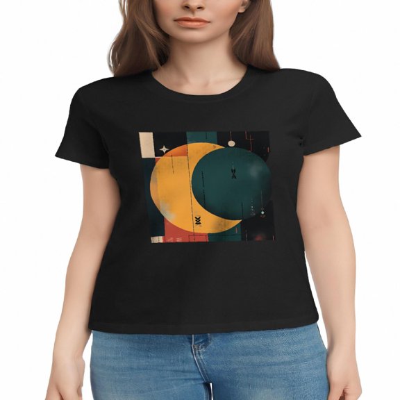 Stylish Women's Cotton Short Sleeve Tee - Abstract Yellow & Green Circle Design with Geometric Shapes & Modern