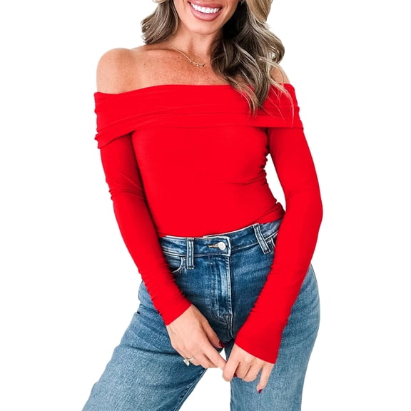 Stylish Women's Fiery Red Long Sleeve Slim Top – Off Shoulder Design for Effortless Elegance | M