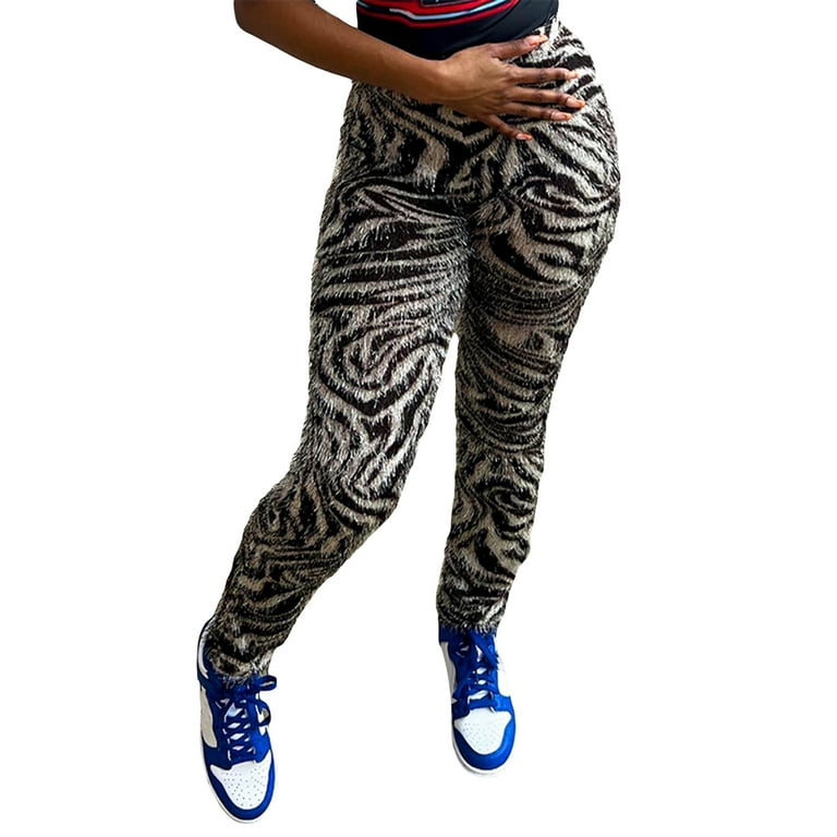 Stylish Women's Fuzzy Leggings paired with Zebra Print Mid-Rise Pants,  perfect for Streetwear
