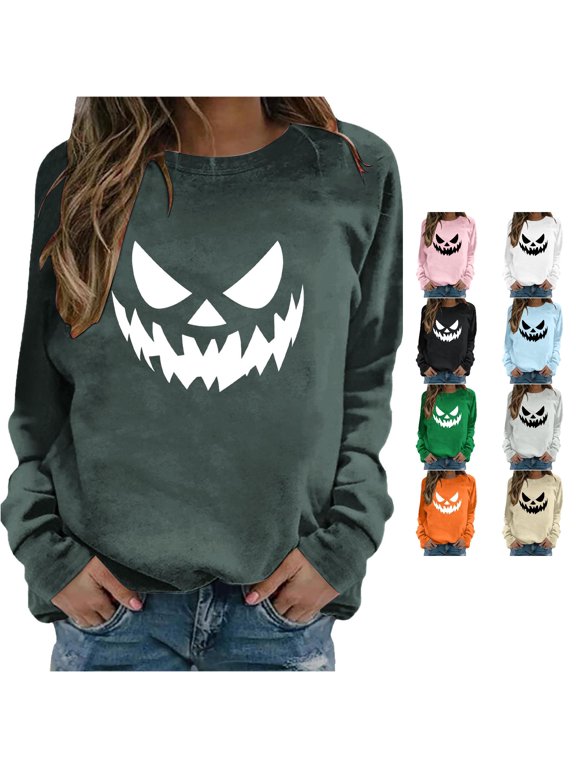 Stylish Women’s Hoodless Sweatshirt for Autumn Winter Fashion with Unique Patterned Round Neck Ideal for Casual Outings and Halloween Celebrations Grey S