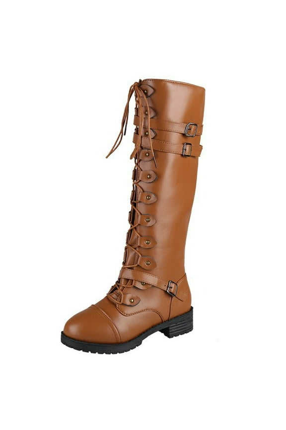 Stylish Women's Knee-High Boots Zipper Squared Design Lace-Up Buckle Retro Footwear for Ladies