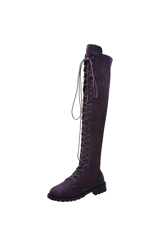 Stylish Women's Knee High Boots with Flock Material and Round Toe Design for Fashionable High Heel 8 Purple