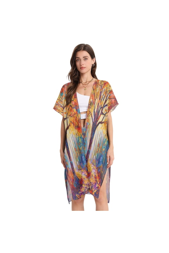 Stylish Women's Long Beach Cover-Up Swimwear Cover Ups Lightweight Resort Chic for Pool, Cruise Autumn Forest Oil Painting