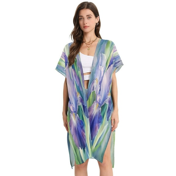 Stylish Women's Long Beach Cover-Up Swimwear Cover Ups Lightweight Resort Chic for Pool, Cruise Beautiful Iris Flower