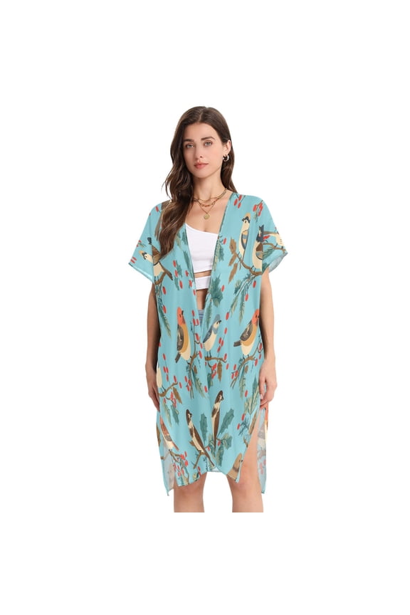 Stylish Women's Long Beach Cover-Up Swimwear Cover Ups Lightweight Resort Chic for Pool, Cruise Birds and Berries Pattern