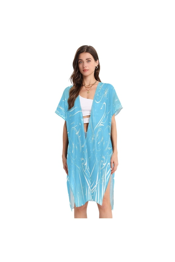 Stylish Women's Long Beach Cover-Up Swimwear Cover Ups Lightweight Resort Chic for Pool, Cruise Blue Background White Lines