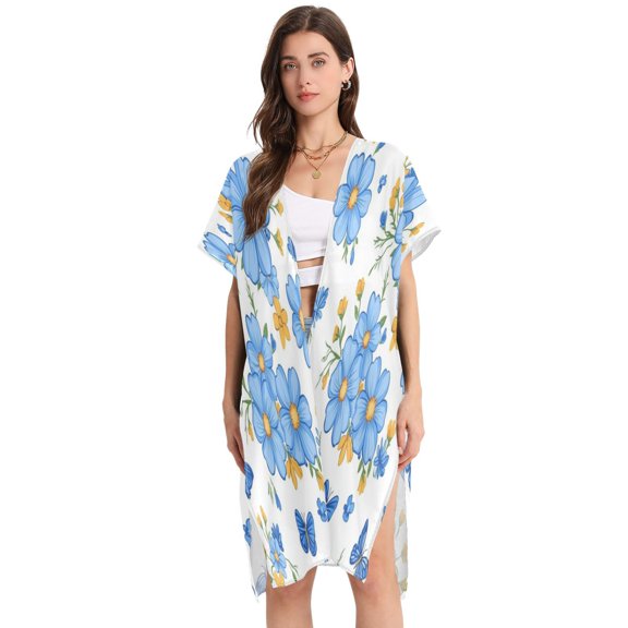 Stylish Women's Long Beach Cover-Up Swimwear Cover Ups Lightweight Resort Chic for Pool, Cruise Blue Flowers and Butterflies