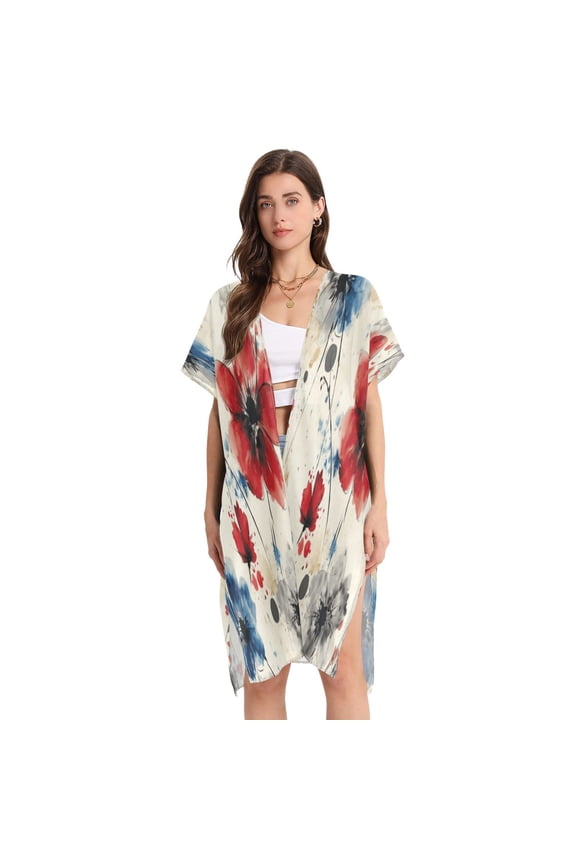Stylish Women's Long Beach Cover-Up Swimwear Cover Ups Lightweight Resort Chic for Pool, Cruise Blue and Red Flowers