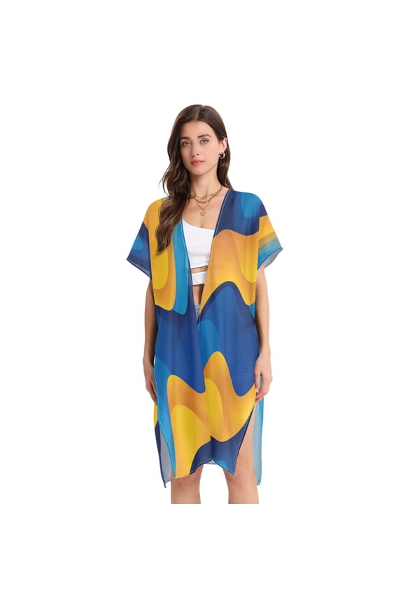 Stylish Women's Long Beach Cover-Up Swimwear Cover Ups Lightweight Resort Chic for Pool, Cruise Blue and Yellow Background