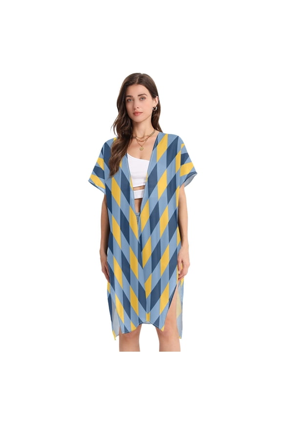 Stylish Women's Long Beach Cover-Up Swimwear Cover Ups Lightweight Resort Chic for Pool, Cruise Blue and Yellow Lattice
