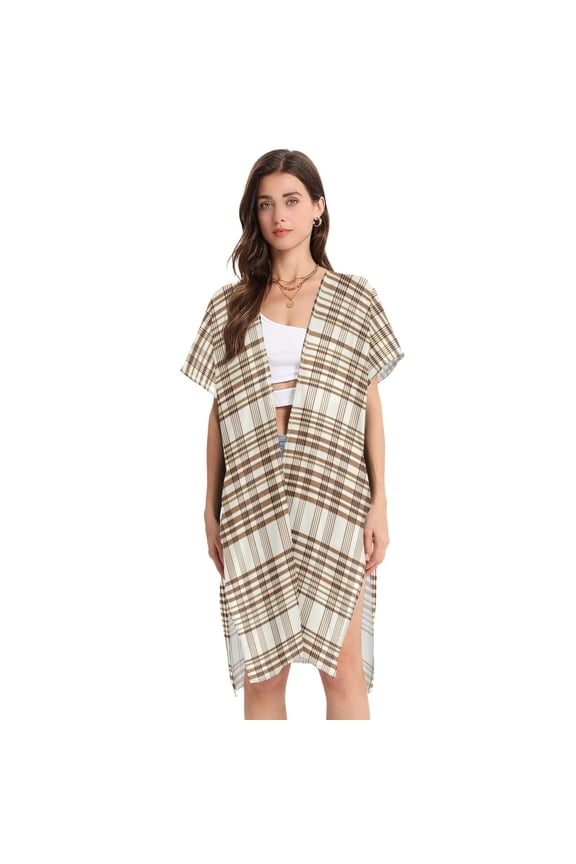 Stylish Women's Long Beach Cover-Up Swimwear Cover Ups Lightweight Resort Chic for Pool, Cruise Brown and White Tartan