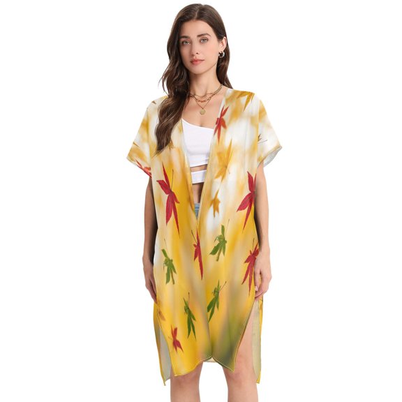 Stylish Women's Long Beach Cover-Up Swimwear Cover Ups Lightweight Resort Chic for Pool, Cruise Colorful Autumn Leaves