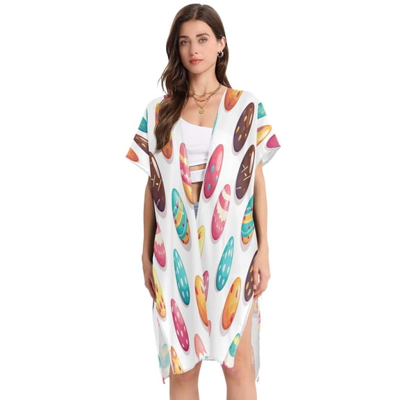 Stylish Women's Long Beach Cover-Up Swimwear Cover Ups Lightweight Resort Chic for Pool, Cruise Colorful Easter Eggs Pattern