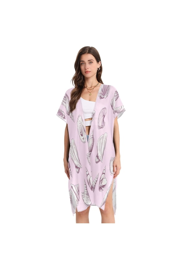 Stylish Women's Long Beach Cover-Up Swimwear Cover Ups Lightweight Resort Chic for Pool, Cruise Conch Shells Pattern