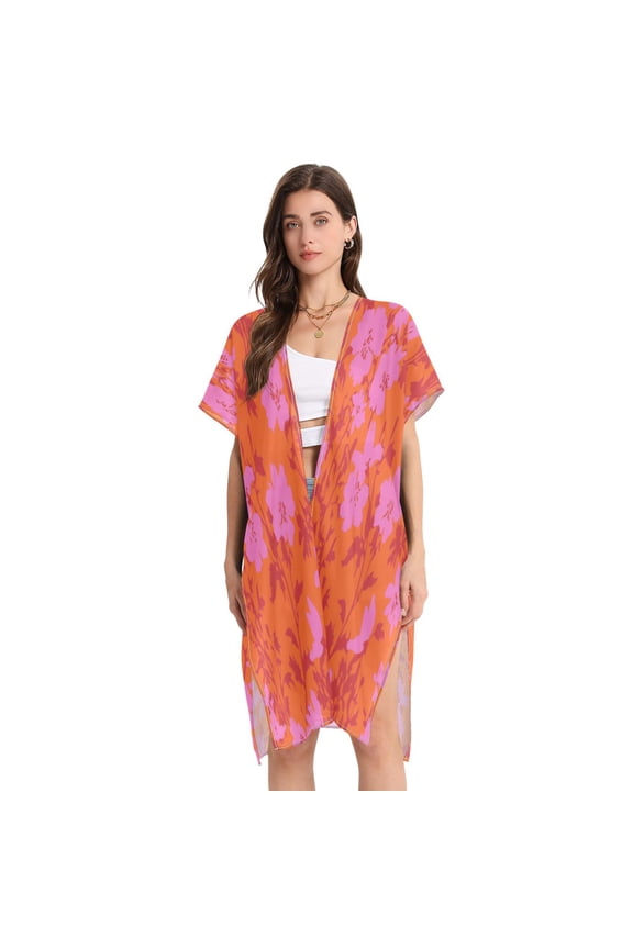 Stylish Women's Long Beach Cover-Up Swimwear Cover Ups Lightweight Resort Chic for Pool, Cruise Coral Pink Floral Pattern
