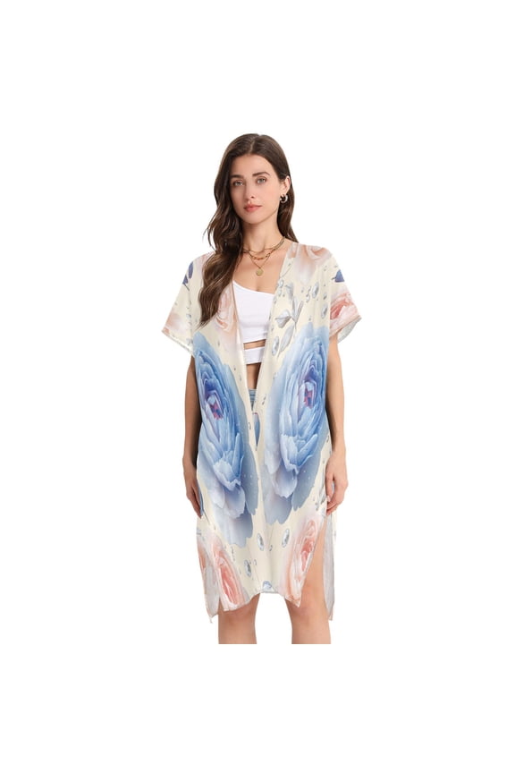 Stylish Women's Long Beach Cover-Up Swimwear Cover Ups Lightweight Resort Chic for Pool, Cruise Glittering Peonies
