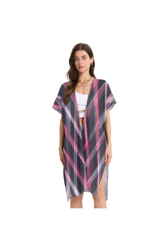 Stylish Women's Long Beach Cover-Up Swimwear Cover Ups Lightweight Resort Chic for Pool, Cruise Gray and Purple Plaid