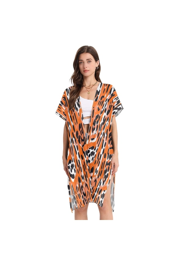 Stylish Women's Long Beach Cover-Up Swimwear Cover Ups Lightweight Resort Chic for Pool, Cruise Orange Leopard Print