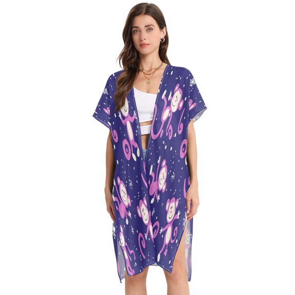 Stylish Women's Long Beach Cover-Up Swimwear Cover Ups Lightweight Resort Chic for Pool, Cruise Pink Monkey Pattern