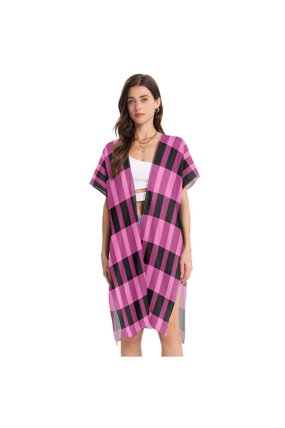 Stylish Women's Long Beach Cover-Up Swimwear Cover Ups Lightweight Resort Chic for Pool, Cruise Pink and Black Check