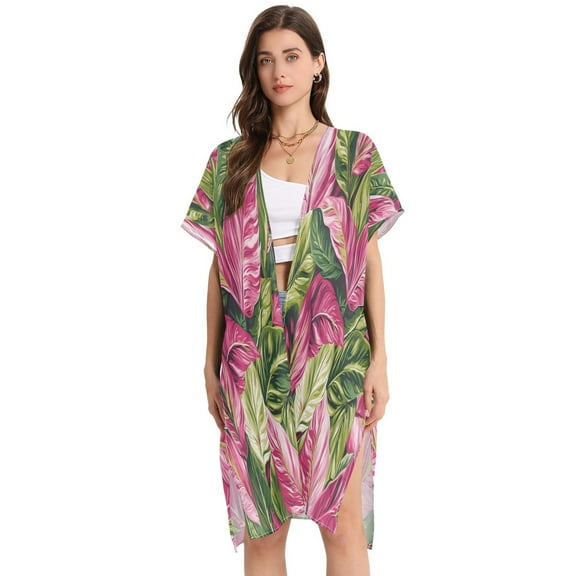 Stylish Women's Long Beach Cover-Up Swimwear Cover Ups Lightweight Resort Chic for Pool, Cruise Pink and Green Tropical Leaves
