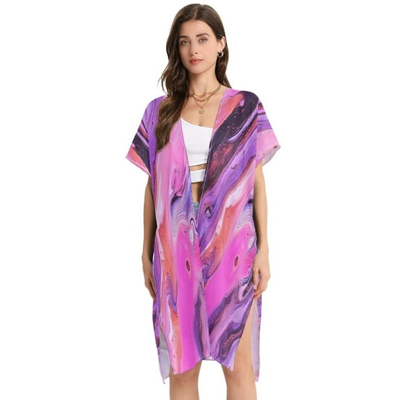 Stylish Women's Long Beach Cover-Up Swimwear Cover Ups Lightweight Resort Chic for Pool, Cruise Pink and Purple Fluid Pattern