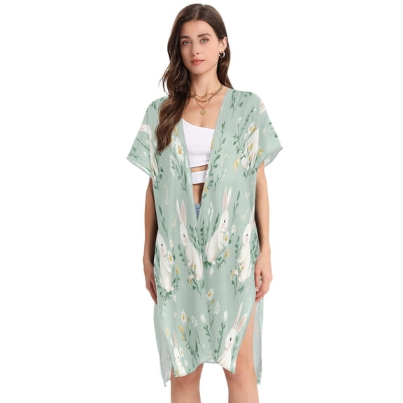 Stylish Women's Long Beach Cover-Up Swimwear Cover Ups Lightweight Resort Chic for Pool, Cruise Playful Rabbits