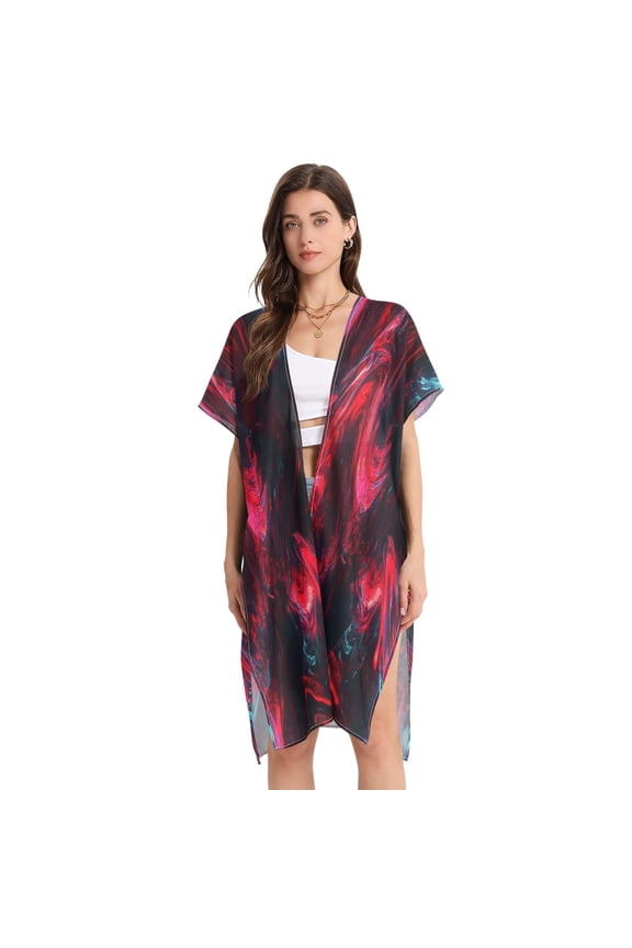 Stylish Women's Long Beach Cover-Up Swimwear Cover Ups Lightweight Resort Chic for Pool, Cruise Red and Black Neon Lights Swirl