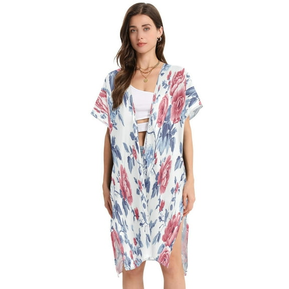 Stylish Women's Long Beach Cover-Up Swimwear Cover Ups Lightweight Resort Chic for Pool, Cruise Red and Blue Floral