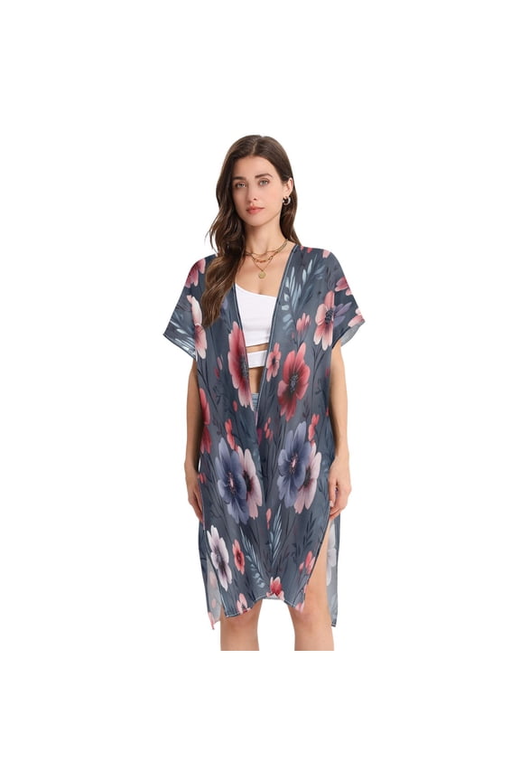 Stylish Women's Long Beach Cover-Up Swimwear Cover Ups Lightweight Resort Chic for Pool, Cruise Red and Purple Floral Pattern