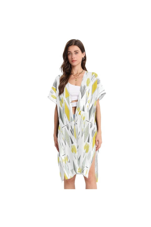 Stylish Women's Long Beach Cover-Up Swimwear Cover Ups Lightweight Resort Chic for Pool, Cruise Yellow and Gray Geometric