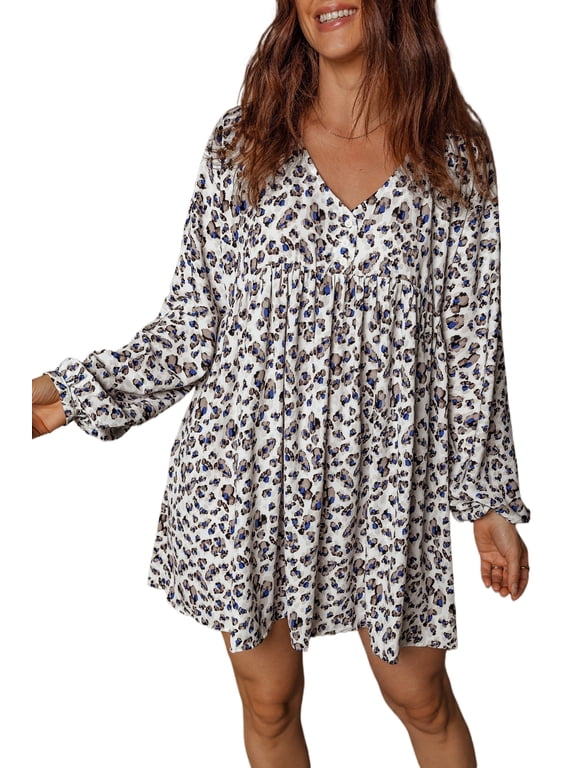 Stylish Women's Long Sleeve Mini Dress – Multicolour Leopard Print V Neck Design for Spring Outings, M