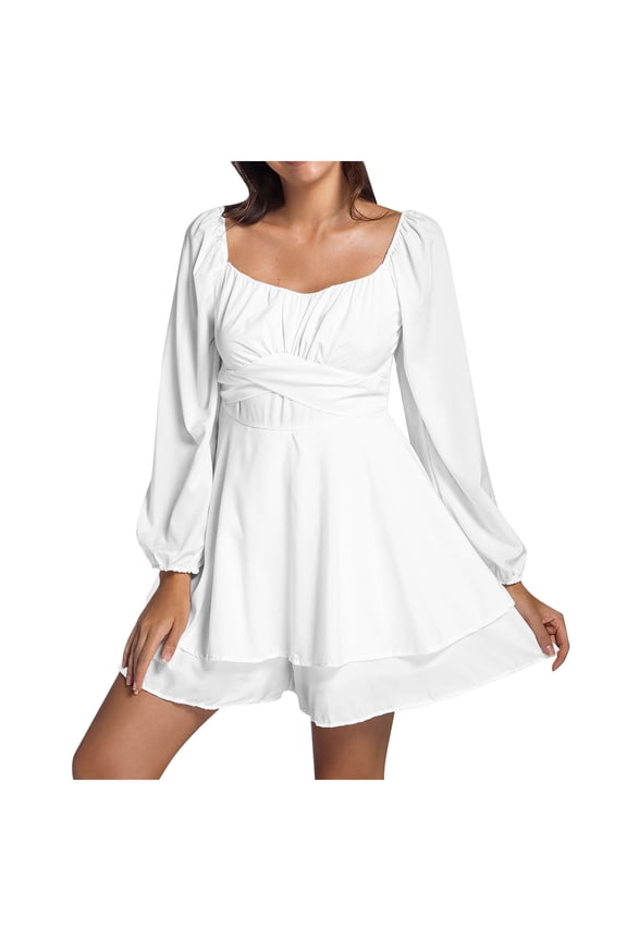 Stylish Women's Long Sleeve Ruffle Layered Tie Front Mini Romper Jumpsuit for Fashionable Comfort White,XS