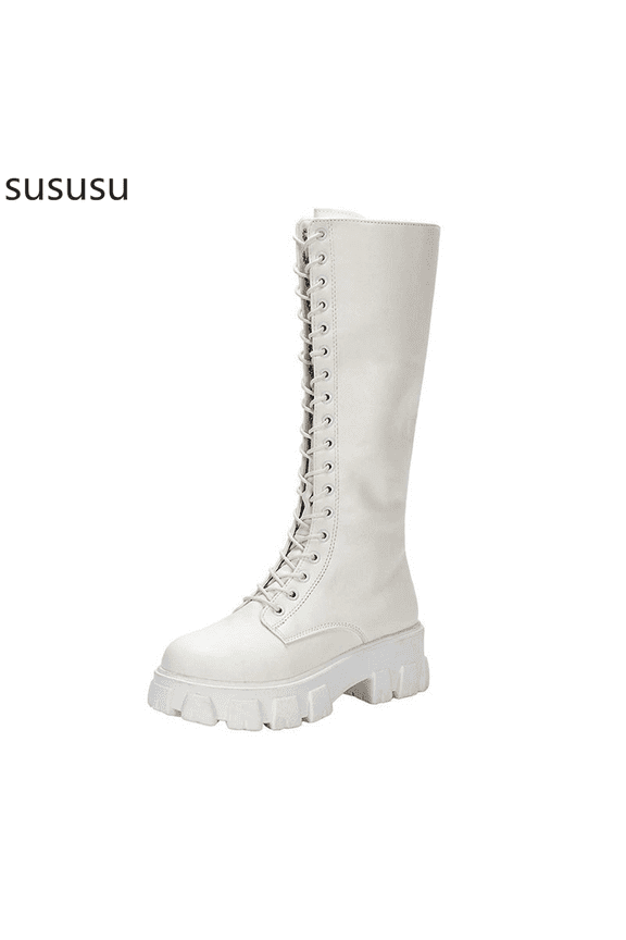 Stylish Women's Mid Calf Boots Leather Suede Lace Up Platform Design Winter Comfortable Footwear For Cold Weather Casual Outings