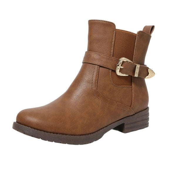Xiaoxatg Stylish Women's Mid Calf Boots Retro Low Heel Shoes Featuring Metal Buckles and Side Zipper for Everyday Casual 7 Brown