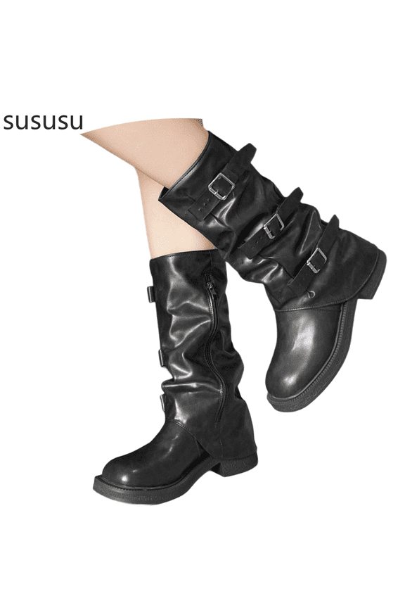 Stylish Women's Mid Calf Boots With Belt Buckle And Sole For Casual Wear And Fall Winter Season Round Toe Design For Comfortable All Day Wear